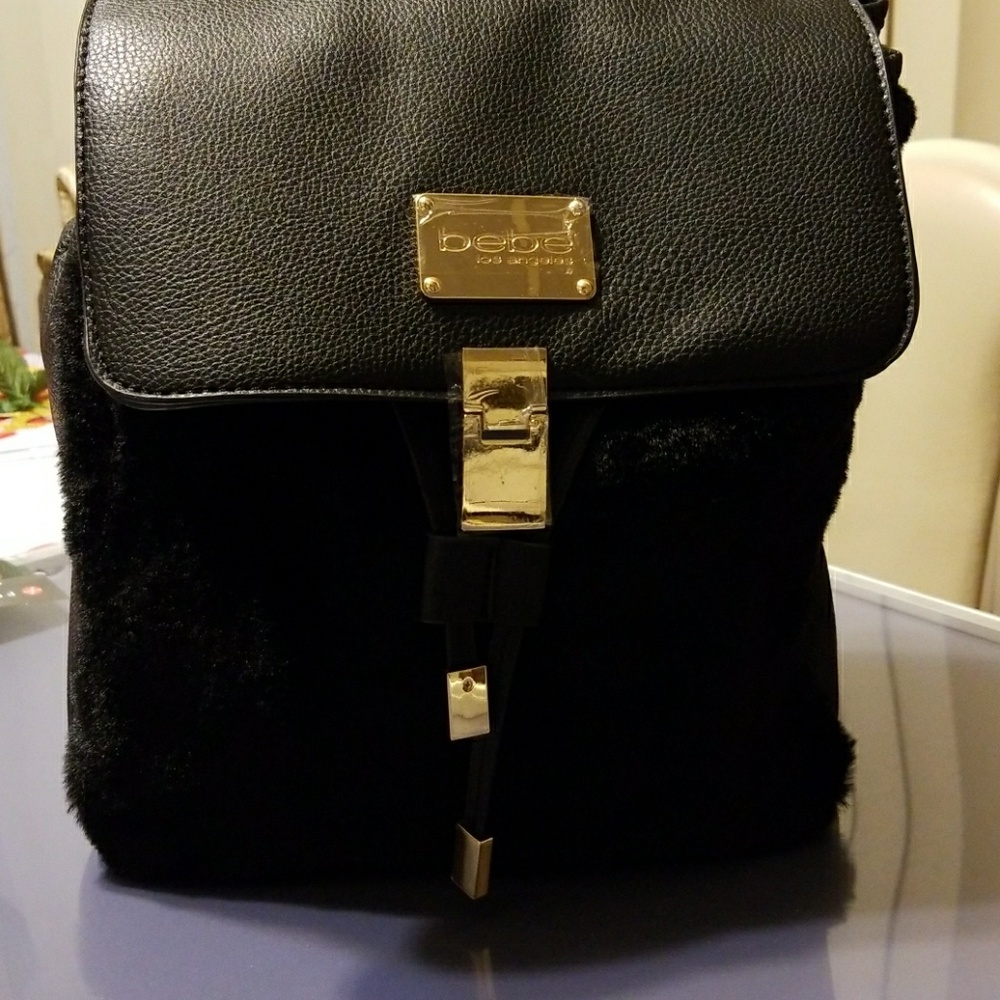 Bebe Black Backpack, w/ Fur, New - Picture 5 of 7